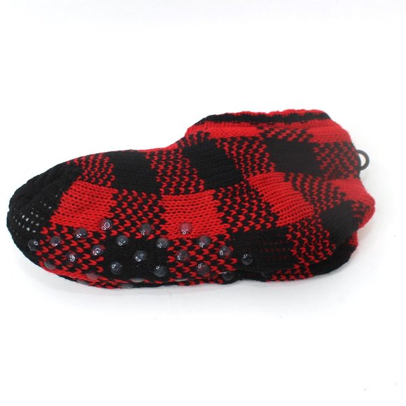 Born Sherpa Lined Bootie Slippers Red Black Plaid Non-Slip Soles M/L - Picture 3 of 5
